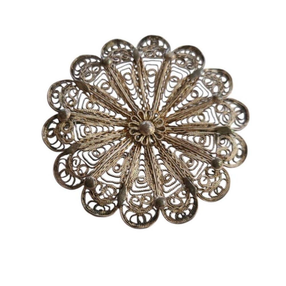 Vintage Antique Victorian Silver Filigree Silver Swirl Design Large Brooch Pin